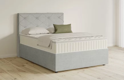 Mozart Boxspringbett Serie 5 Brahms 90x200 mit Bettkasten Feiner Stoff Silbergrau H4 Königliche Matratze