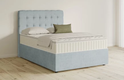 Mozart Boxspringbett Serie 5 Haydn 140x200 mit Bettkasten Feiner Stoff Pastellblau H3 Königliche Matratze