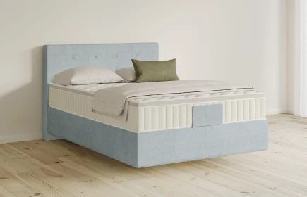 Mozart Boxspringbett Serie 5 Clementi 90x200 elektrisch Feiner Stoff Pastellblau H3 schwebend Königliche Matratze