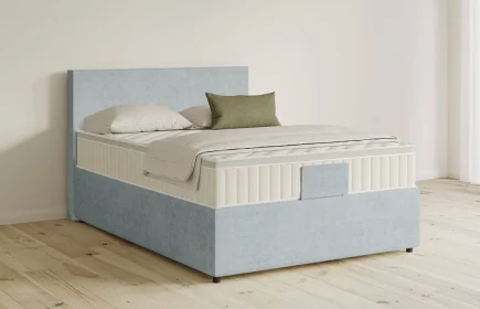 Mozart Boxspringbett Serie 5 Bach 90x200 mit Bettkasten Feiner Stoff Frosted Azure H2 Königliche Matratze