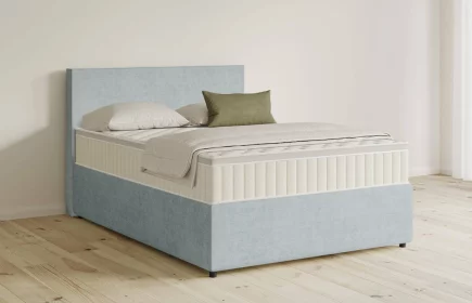 Mozart Boxspringbett Serie 5 Bach 90x200 mit Bettkasten Feiner Stoff Pastellblau H2 Königliche Matratze