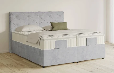 Mozart Boxspringbett Serie 5 Brahms 180x200 mit Bettkasten Samt Fog Grey H3/H3 Königliche Matratze