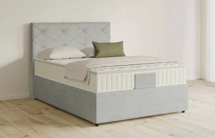 Mozart Boxspringbett Serie 5 Brahms 90x200 mit Bettkasten Feiner Stoff Lunar Mist H4 Königliche Matratze