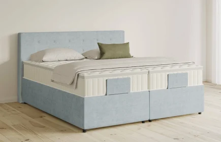 Mozart Boxspringbett Serie 5 Clementi 180x200 mit Bettkasten Feiner Stoff Frosted Azure H3/H4 Königliche Matratze