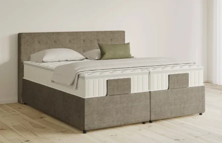 Mozart Boxspringbett Serie 5 Clementi 180x210 mit Bettkasten Feiner Stoff Dusty Taupe H3/H4 Königliche Matratze
