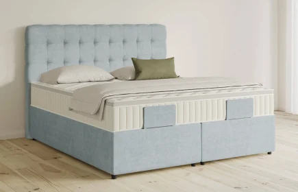 Mozart Boxspringbett Serie 5 Haydn 180x190 mit Bettkasten Feiner Stoff Frosted Azure H2/H3 Königliche Matratze