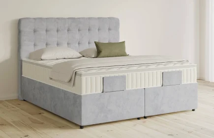 Mozart Boxspringbett Serie 5 Haydn 180x220 mit Bettkasten Samt Fog Grey H3/H3 Königliche Matratze