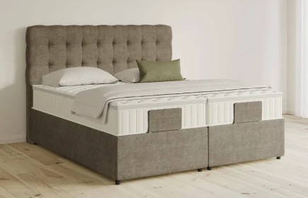 Mozart Boxspringbett Serie 5 Haydn 240x220 mit Bettkasten Feiner Stoff Dusty Taupe H4/H3 Königliche Matratze