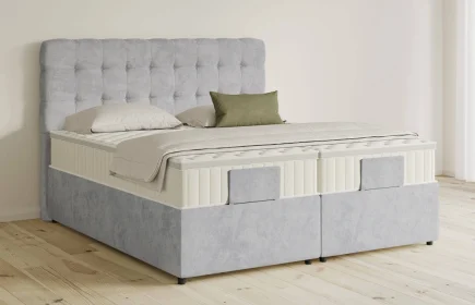 Mozart Boxspringbett Serie 5 Haydn 240x220 mit Bettkasten Samt Fog Grey H3/H3 Königliche Matratze