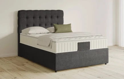 Mozart Boxspringbett Serie 5 Haydn 90x220 mit Bettkasten Feiner Stoff Carbon Grey H3 Königliche Matratze