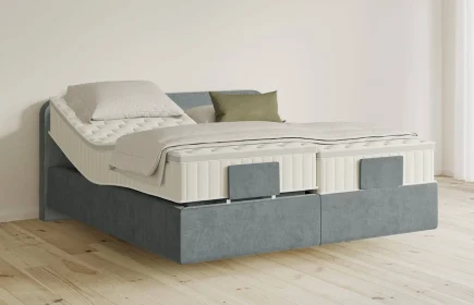 Mozart Boxspringbett Serie 5 Salieri 280x220 elektrisch Samt Dusty Blues H4/H2 schwebend Königliche Matratze