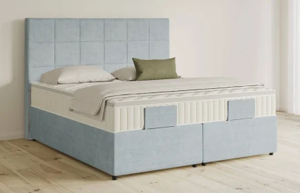 Mozart Boxspringbett Serie 5 Schubert 160x220 mit Bettkasten Feiner Stoff Frosted Azure H3/H3 Königliche Matratze