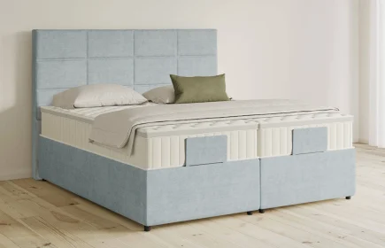 Mozart Boxspringbett Serie 5 Soler 200x220 mit Bettkasten Feiner Stoff Frosted Azure H3/H3 Königliche Matratze