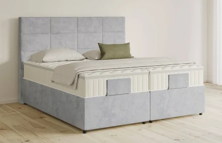 Mozart Boxspringbett Serie 5 Soler 280x220 mit Bettkasten Samt Fog Grey H3/H3 Königliche Matratze