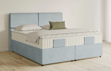 Mozart Boxspringbett Serie 5 Strauss 180x200 mit Bettkasten Feiner Stoff Frosted Azure H2/H3 Königliche Matratze