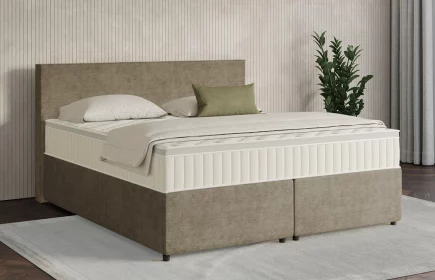 Mozart Boxspringbett Serie 7 Bach 180x220 mit Bettkasten Feiner Stoff Taupe H3/H3 Königliche Matratze