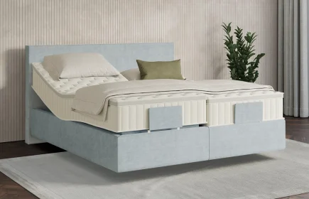 Mozart Boxspringbett Serie 7 Bach 200x200 elektrisch Feiner Stoff Frosted Azure H3 schwebend Königliche Matratze