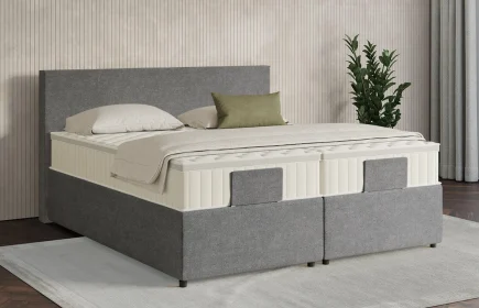 Mozart Boxspringbett Serie 7 Bach 200x200 mit Bettkasten Grober Stoff Charcoal frost H2 Königliche Matratze