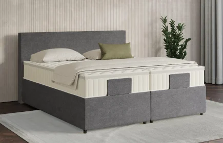 Mozart Boxspringbett Serie 7 Bach 200x200 mit Bettkasten Grober Stoff Rock Grey H2 Königliche Matratze
