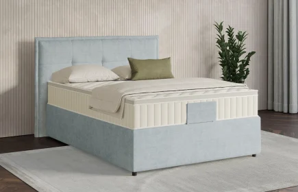 Mozart Boxspringbett Serie 7 Beethoven 120x200 mit Bettkasten Feiner Stoff Frosted Azure H3 Königliche Matratze