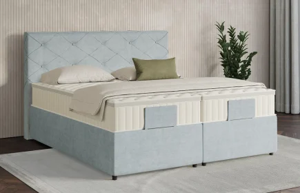 Mozart Boxspringbett Serie 7 Brahms 200x200 mit Bettkasten Feiner Stoff Frosted Azure H2 Königliche Matratze