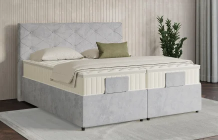 Mozart Boxspringbett Serie 7 Brahms 280x200 mit Bettkasten Samt Fog Grey H3/H3 Königliche Matratze