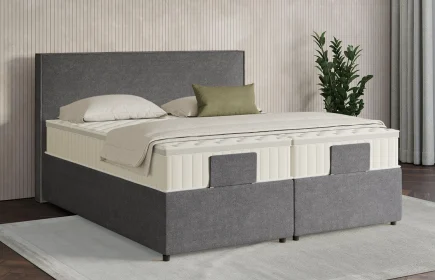 Mozart Boxspringbett Serie 7 Händel 160x210 mit Bettkasten Grober Stoff Rock Grey H3/H3 Königliche Matratze
