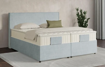 Mozart Boxspringbett Serie 7 Händel 240x200 mit Bettkasten Feiner Stoff Frosted Azure H2/H4 Königliche Matratze