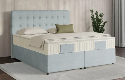 Mozart Boxspringbett Serie 7 Haydn 180x200 mit Bettkasten Feiner Stoff Frosted Azure H4/H3 Königliche Matratze