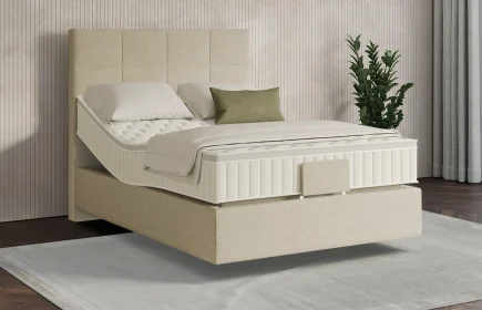 Mozart Boxspringbett Serie 7 Schubert 90x200 elektrisch Grober Stoff Wool Cream H3 schwebend Königliche Matratze