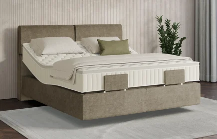 Mozart Boxspringbett Serie 7 Strauss 180x200 elektrisch Feiner Stoff Dusty Taupe H3/H3 schwebend Königliche Matratze