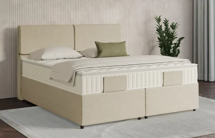 Mozart Boxspringbett Serie 7 Strauss 180x200 mit Bettkasten Grober Stoff Wool Cream H3/H3 Königliche Matratze