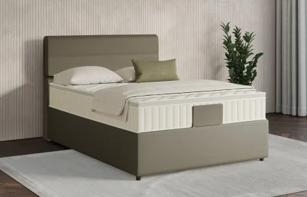 Mozart Boxspringbett Serie 7 Strauss 90x200 mit Bettkasten Kunstleder Olive Dream H3 Königliche Matratze